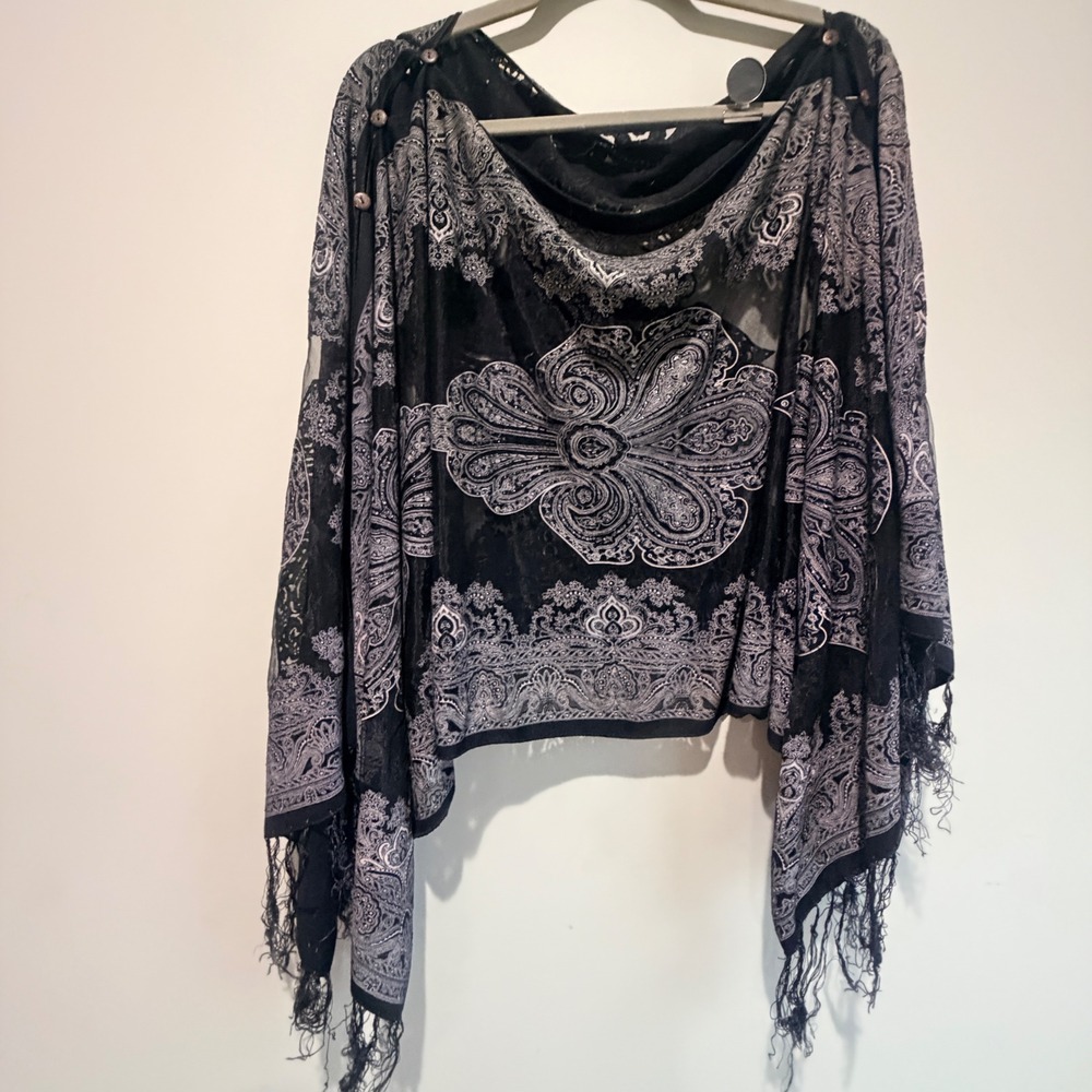 Unbranded Paisley Poncho Wrap Women OS Sheer Fringe Whimsigoth Boho Moody